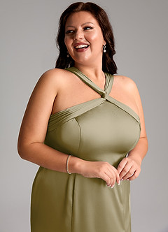 Azazie Rue Bridesmaid Dresses Moss Green A-Line Pleated Stretch Satin Dress image13