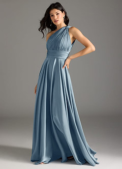 Azazie Charlize Robes de demoiselle d'honneur Robe Trapèze en Satin extensible Ue épaule Bleu Poussiéreux image12
