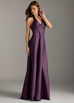 Azazie Tessie Bridesmaid Dresses Plum A-Line Pleated Stretch Satin Dress image4