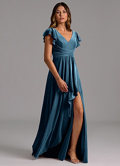 Azazie Omari Bridesmaid Dresses Blue Topaz A-Line Pleated Velvet Dress image3