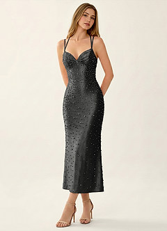 Annika Schwarz Maxikleid aus Stretch-Satin mit V-Ausschnitt, Perlenbesatz und Korsett-Design image3