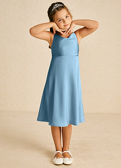 Azazie Zuzu Flower Girl Dresses Steel Blue A-Line Spaghetti Strap Stretch Satin Dress image1