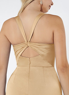 Azazie Mero Bridesmaid Dresses Gold Sheath Pleated Stretch Satin Dress image2