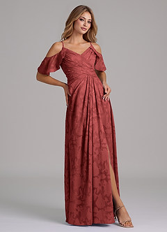 Azazie Dakota Bridesmaid Dresses Terracotta A-Line Off the Shoulder Floral Burnout Dress image5