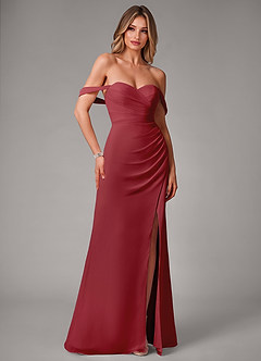 Azazie Haisley Bridesmaid Dresses Pomegranate Sheath Off the Shoulder Chiffon Convertible Dress image3