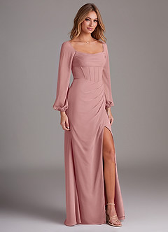 Azazie Charissa Brautjungfernkleider Etui Langarm Chiffon Kleid Altrosa image5