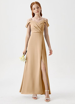 Azazie Ocean Junior Gold A-Line Off the Shoulder Stretch Satin Dress image4