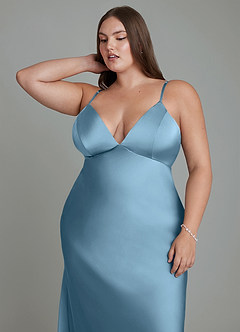 Azazie Stefania Jurken voor bruidsmeisjes Jurk van Stretch Satijn met A-lijn Staal Blauw image13