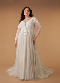Azazie Essy Wedding Dresses Diamond White Nude A-Line V-Neck Sequins Tulle Dress image7