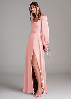 Azazie Leonia Bridesmaid Dresses Powder Pink A-Line Long Sleeve Stretch Satin Dress image5