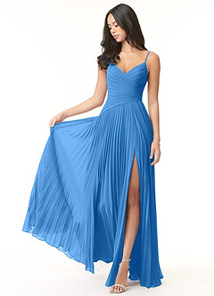Azazie Vini Bridesmaid Dresses Blue Jay A-Line V-Neck Pleated Chiffon Dress image1
