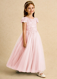Azazie Puff Flower Girl Dresses Blushing Pink Ball-Gown Lace Tulle Dress image3