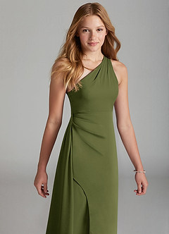 Azazie Maron Junior Olive A-Line Pleated Stretch Satin Dress image3