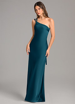 Azazie Monroe Bridesmaid Dresses Ink Blue Mermaid One Shoulder Stretch Satin Dress image3
