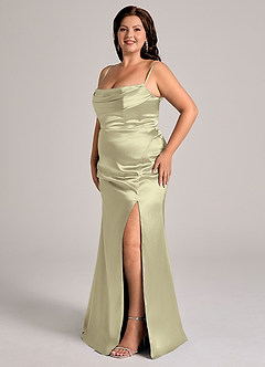 Azazie Saige Bridesmaid Dresses Moss Green Sheath Off the Shoulder Metallic Satin Convertible Dress image13