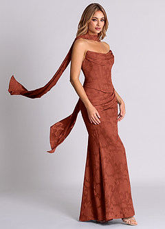 Azazie Sorrel Abiti da Damigella Abito Convertibile Sirena in Burnout Floreale Corsetto Terracotta image4