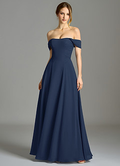 Azazie Oasis Vente finale Robe Trapèze en Mousseline de soie avec poches Bleu Marine Foncé image1