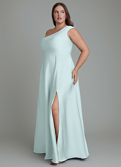 Azazie Melanie Bridesmaid Dresses Sea Glass A-Line Off the Shoulder Stretch Satin Dress image11