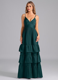 Azazie Nathalia Bridesmaid Dresses Pine A-Line Pleated Stretch Satin Dress image3