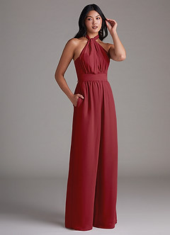 Azazie Lamara Bridesmaid Dresses Pomegranate Off the Shoulder Chiffon Convertible Jumpsuit image12