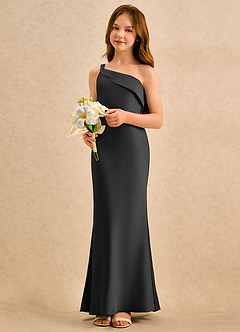 Azazie Almond Girls Formal Sukienki dla dziewczynek sypiących kwiaty Osłona Jedno ramię Satyna elastyczna Długość podłogi Sukienka image3