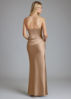 Azazie Lenya Final Sale Taupe Sheath Pleated Stretch Satin Dress image2