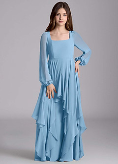 Azazie Clara Junior Steel Blue A-Line Blouson Chiffon Dress image5