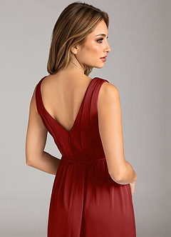 Azazie Tanicia Bridesmaid Dresses Pomegranate A-Line Pleated Stretch Satin Dress image7