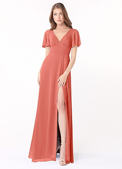 Azazie Kimber Robes de demoiselle d'honneur Robe Trapèze en Mousseline de soie Manches à volants Rose Saumon image2