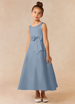 Azazie Lindy Flower Girl Dresses Dusty Blue A-Line Pleated Matte Satin Dress image4