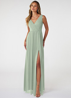 Azazie Tanicia Bridesmaid Dresses Dusty Sage A-Line V-Neck Pleated Mesh Dress image1