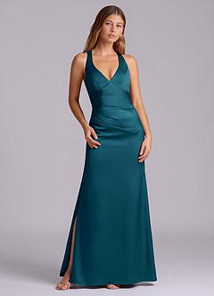 Azazie Amelie Bridesmaid Dresses Ink Blue A-Line Pleated Stretch Satin Dress image1