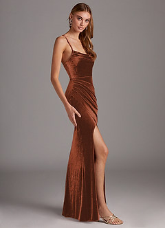 Azazie Kindness Bridesmaid Dresses Terracotta Sheath Cowl Neckline Corset Velvet Dress image4