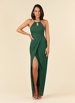 Azazie Hadid Final Sale Dark Green Sheath Pleated Mesh Dress image3