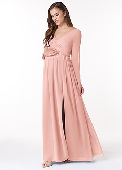 Azazie Teton Robes de demoiselle d'honneur de maternité Robe Trapèze Manche longue Longueur ras du sol Mousseline de soie image3