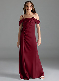 Azazie Amyra Junior Burgundy Sheath Off the Shoulder Stretch Satin Dress image1