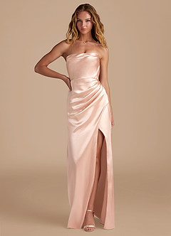 Azazie Leonis Vestidos de damas de honor Vestido de Oro Rosa de Satén Metálico de Corte Sirena Convertible con Plisado image1