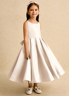 Azazie Babs Flower Girl Dresses White Alabaster Ball-Gown Pleated Matte Satin Dress image3