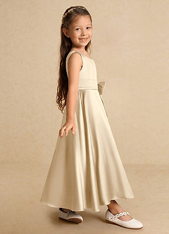 Azazie Lindy Flower Girl Dresses Champagne A-Line Pleated Matte Satin Dress image5