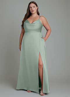 Azazie Sarella Bridesmaid Dresses Agave A-Line Pleated Stretch Satin Dress image10