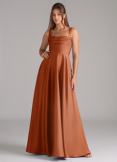 Azazie Shaude Bridesmaid Dresses Copper A-Line Pleated Stretch Satin Dress image1