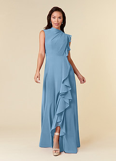 Azazie Narine Mère de la mariée Robes Robe Trapèze en Mousseline de soie Encolure haute plissée Acier Bleuté image3