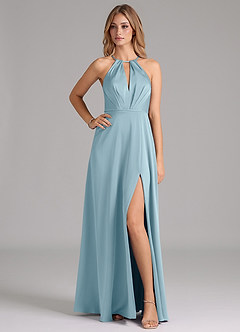 Azazie Evalleen Bridesmaid Dresses Moody Blue A-Line Pleated Stretch Satin Dress image1