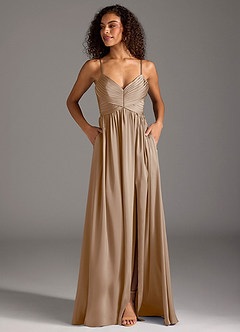 Azazie Alia Bridesmaid Dresses Taupe A-Line Pleated Stretch Satin Dress image7