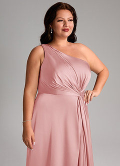 Azazie Brooke Bridesmaid Dresses Powder Pink A-Line One Shoulder Stretch Satin Dress image14