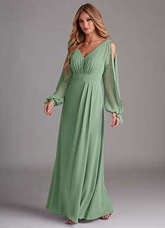 Azazie Matilda Bridesmaid Dresses Matcha A-Line Long Sleeve Chiffon Dress image1