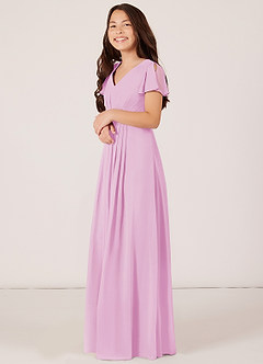 Azazie Peony Junior Vestido de Rosa Caramelo de Gasa de Corte en A con Plisado image3
