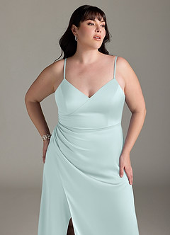Azazie Marchella Bridesmaid Dresses Sea Glass A-Line Corset Stretch Satin Dress image11
