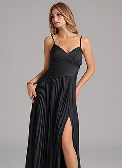 Azazie Vini Bridesmaid Dresses Black A-Line Pleated Stretch Satin Dress image2
