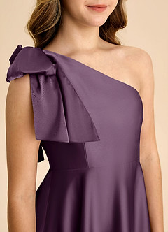 Azazie Penguin Junior Plum A-Line Bow Stretch Satin Dress image7